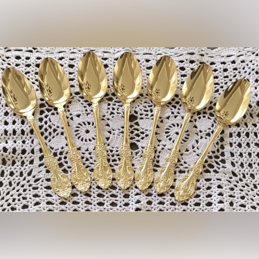 Vintage Springtime Stainless Japan Gold Electroplate Oval Soup Spoons Set of 7